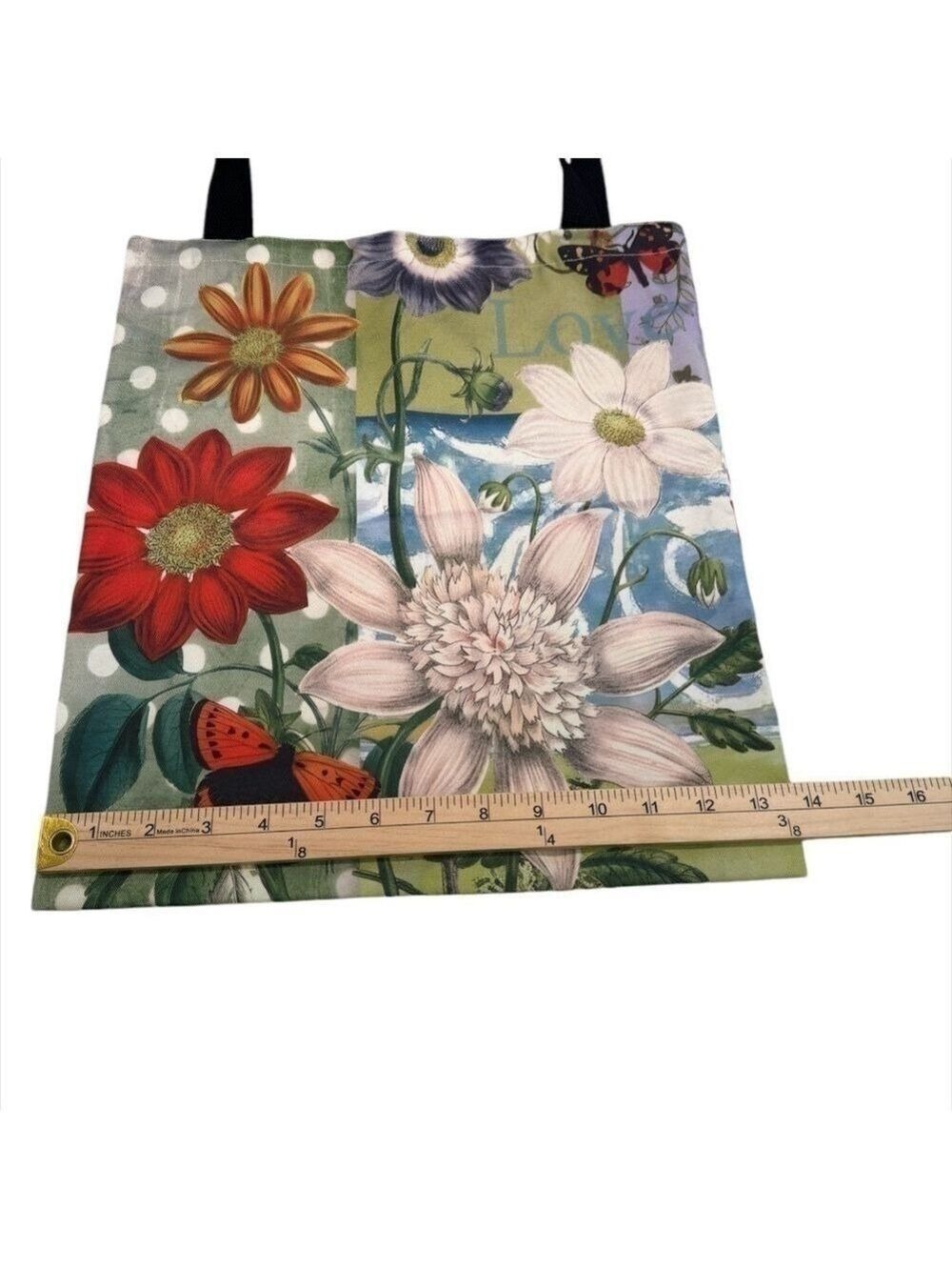 Floral Polyester Tote Bag Butterfly Accents - Picture 3 of 3